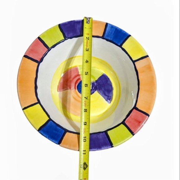 Vintage 1999 Hand Painted Serving Bowl Rimmed 11" Signed Sims Bold Rainbow - Picture 6 of 8